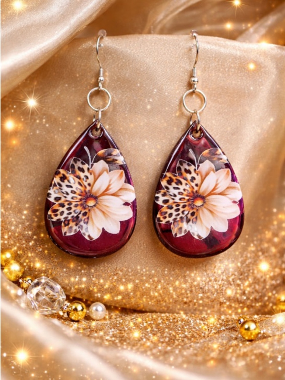 Handcrafted Burgundy Floral Teardrop Earrings - Women Jewelry